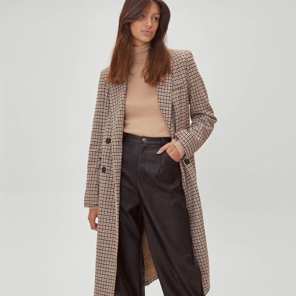 Nasty Gal check print wool look double breasted long coat in a size M